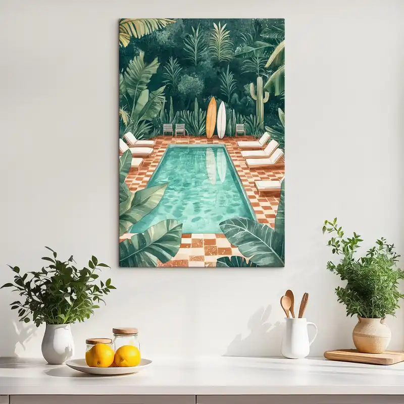 Premium Pictură pe pânză Vintage piscină de vară, pădure tropicală, verdeață, palmieri, stil acuarelă Nr s43191