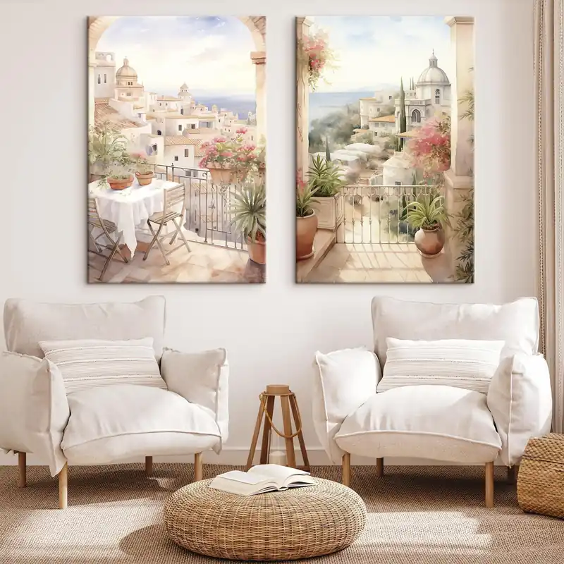 Promoție Pictură pe pânză Apus de soare pe balcon, arhitectura, flori înflorite, stil acuarelă, mediteranean Nr m00420
