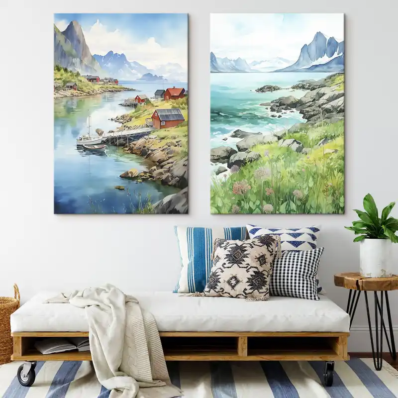 Lichidare de stoc Pictură pe pânză Norvegia natură, Insulele Lofoten, peisaj de vară, case roșii, munți, bărci Nr m00421