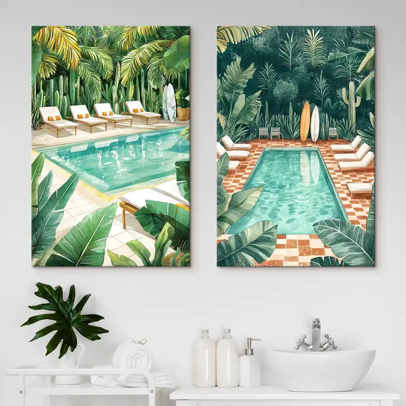 Popular Pictură pe pânză Piscină de vară, vintage, pădure tropicală, verdeață, palmieri, stil acuarelă Nr m00422