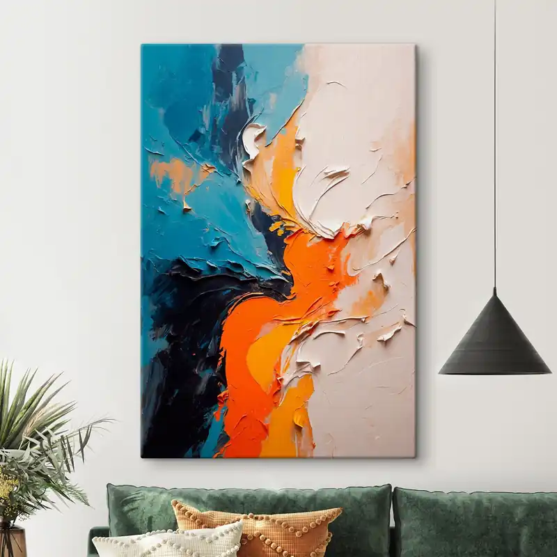 Pictură pe pânză Pictură abstractă în stilul picturii în ulei cu culori portocalii, albastre și albe Nr s43094 Preț mic