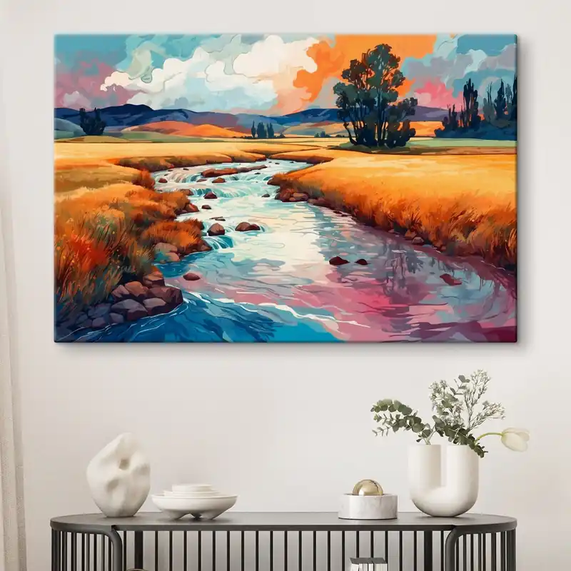 Pictură pe pânză Stream în domeniul în stilul de pictură acuarelă Nr s43110 Reducere de preț