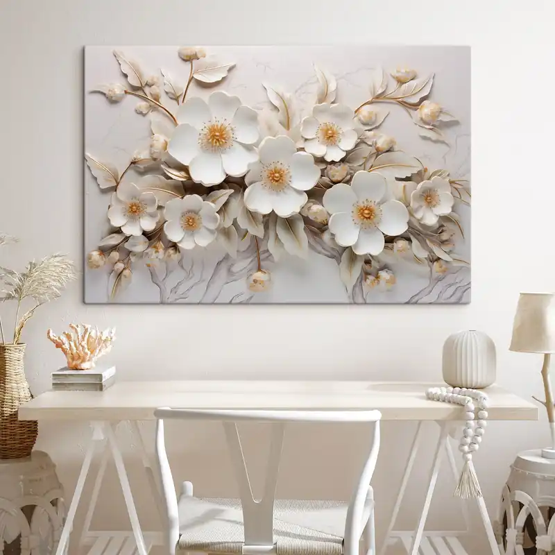 Pictură pe pânză flori albe 3d în stil clasic cu un accent galben Nr s43313 Cel mai bun preț