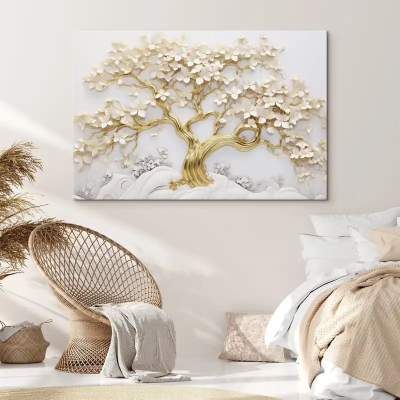 Plată securizată Pictură pe pânză Copac decorativ cu flori albe, fundal alb, pietre albe, detalii complicate, artă inspirată din natură Nr s43388