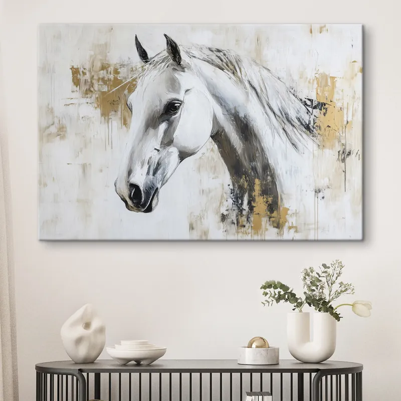 Ofertă specială Pictură pe pânză Cal alb, desen în stil ulei, animale, lovituri de perie vii Nr s43497