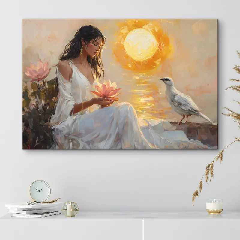 Pictură pe pânză Femeie cu floare de lotus pe apus de soare, pasăre albă, desen în stil ulei Nr s43501 Ultima șansă