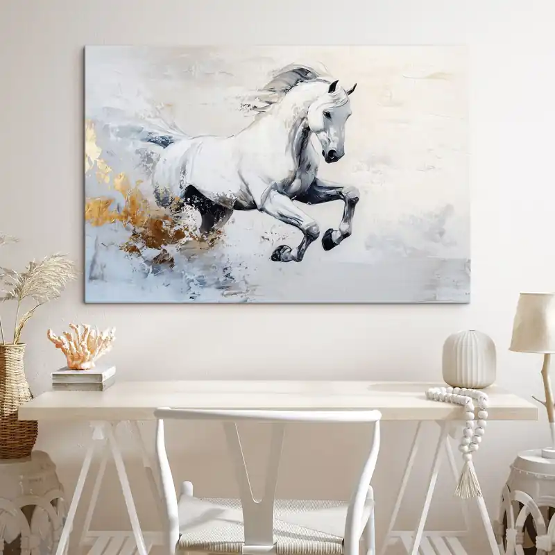 Reducere extra Pictură pe pânză Cal alb care aleargă, desen în stil ulei, animale Nr s43498
