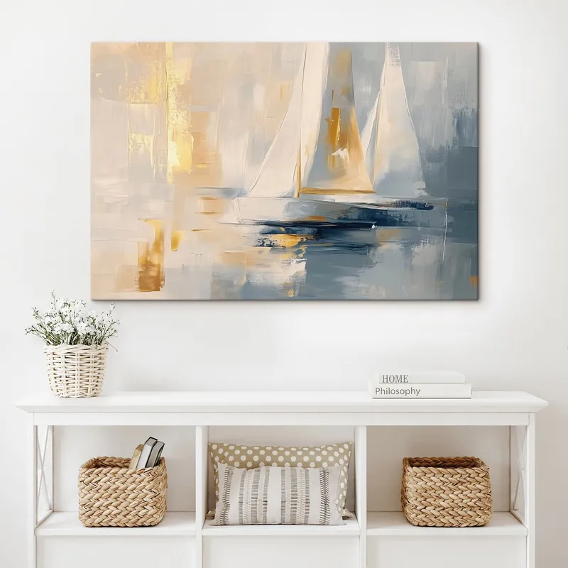 Promoție Pictură pe pânză Abstracție cu bărci cu pânze în mare, stil acrilic, apus de soare Nr s43500