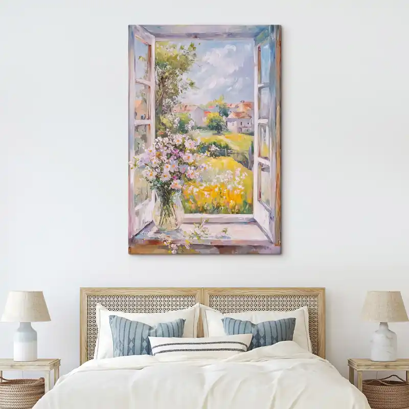 Pictură pe pânză Vara în sat, rustic, desen în stil ulei, flori în vază Nr s43889 Reducere specială