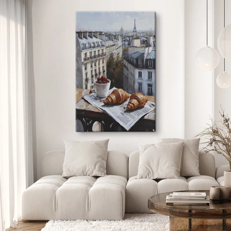 Pictură pe pânză Paris dimineața, cafea cu croissante, vedere la oraș, desen în stil ulei Nr s43892 Livrare expres
