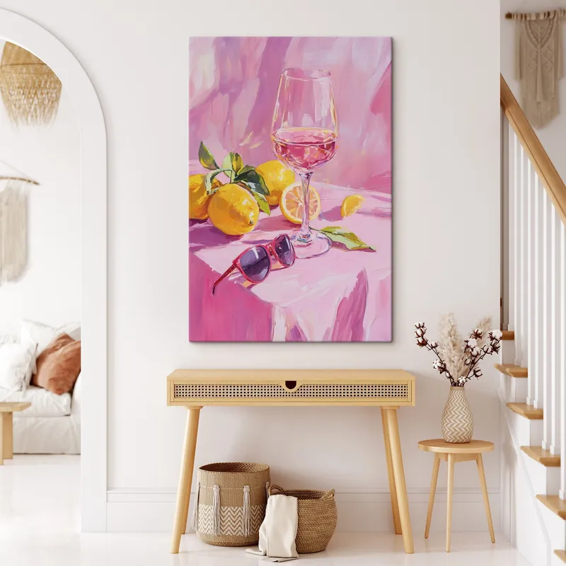 Pictură pe pânză Pahar de vin cu lămâi, ochelari de soare, abstracție, desen în stil ulei, culori roz Nr s43883 Livrare rapidă