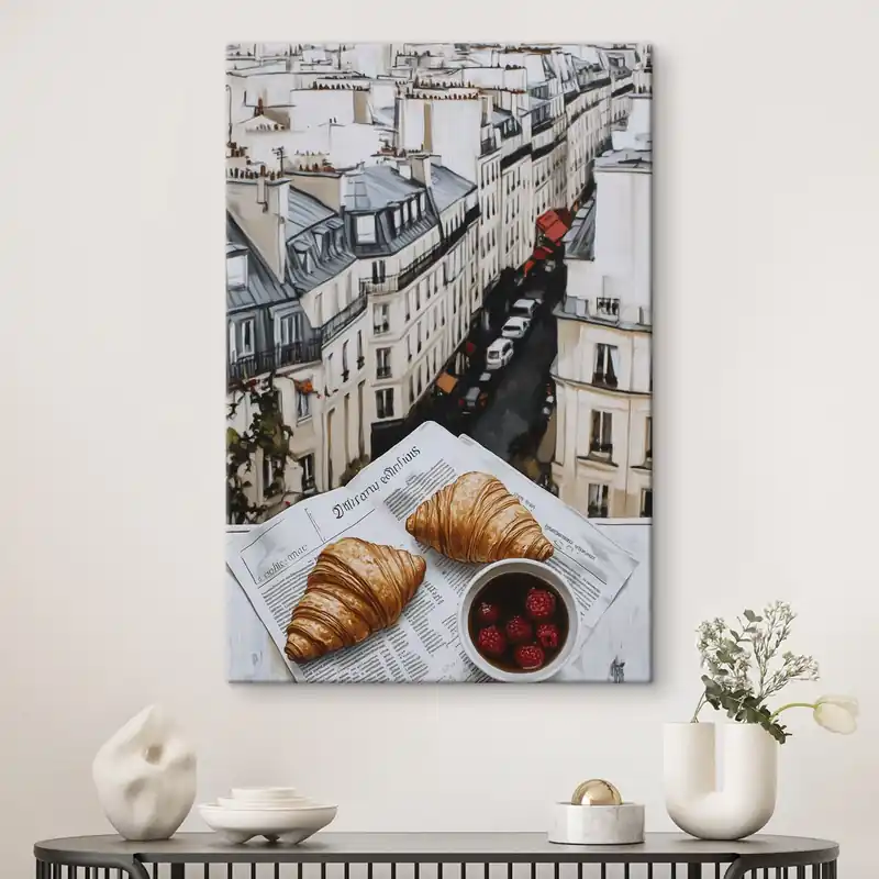 Pictură pe pânză Cafea de dimineață cu croissante, strada orașului, arhitectural, stil ulei Nr s43891 Retur gratuit