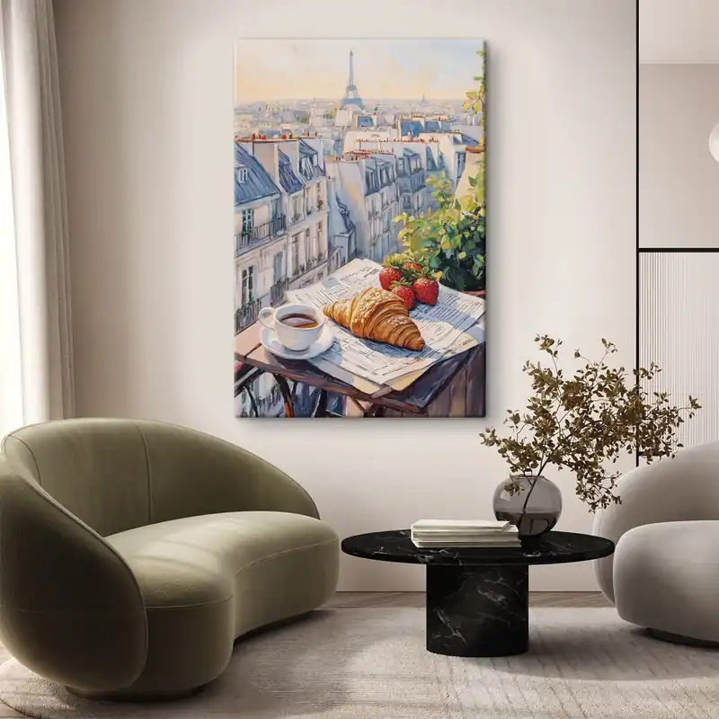 Pictură pe pânză Răsărit de soare pe balcon în Paris, Turnul Eiffel, căpșuni, cafea, jurnal Nr s43890 Plată sigură