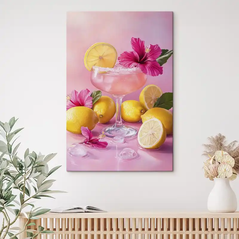 Pictură pe pânză Cocktail de vară cu flori și lămâi, culori roz, stil acuarelă Nr s43895 Cel mai bun preț