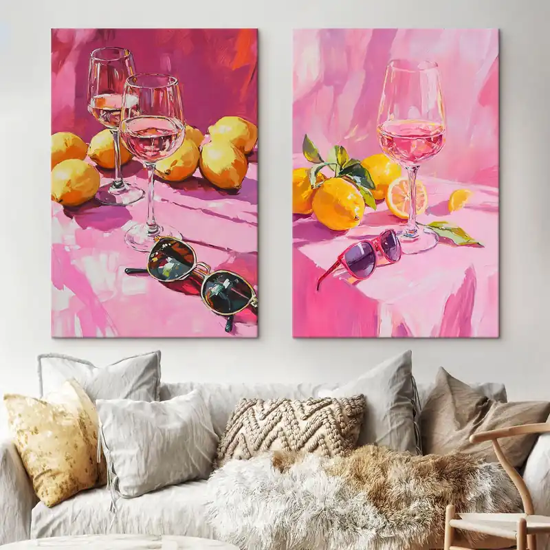 Ofertă de sezon Pictură pe pânză Abstracție în stil ulei cu pahare de șampanie, lămâi și ochelari de soare, culori roz Nr m00444