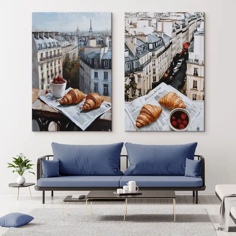 Retur ușor Pictură pe pânză Vedere a orașului pe un balcon din Paris, turnul Eiffel, căpșuni, cafea, jurnal Nr m00445