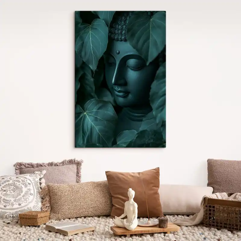 Noutate Pictură pe pânză Buddha în frunze verzi, budism, tropical, realism Nr s44004