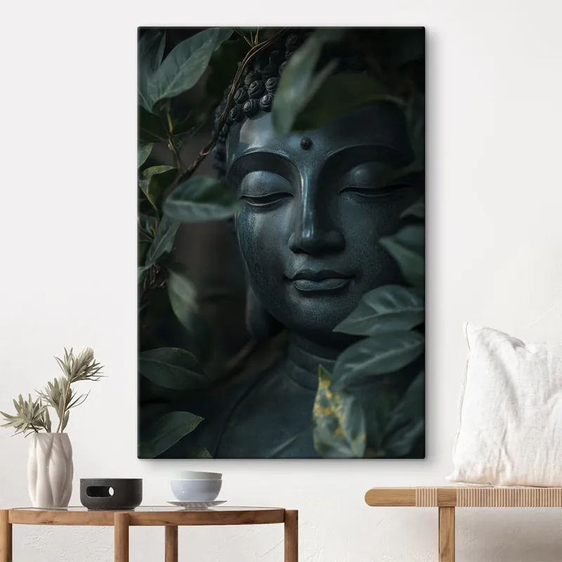Lichidare de stoc Pictură pe pânză Buddha verde în frunze tropicale, realism Nr s44005