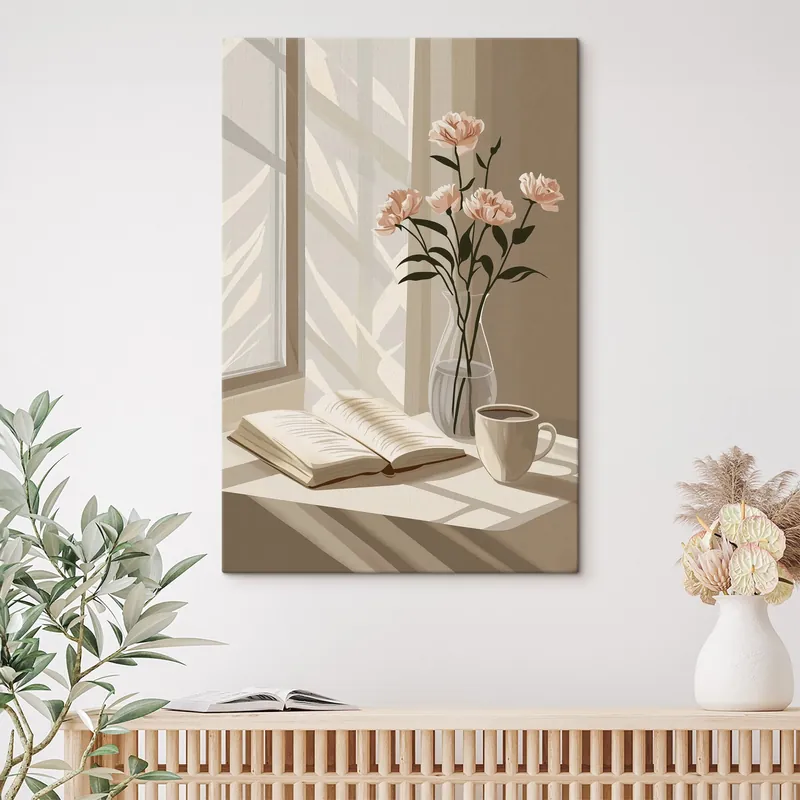 Pictură pe pânză Dimineață confortabilă cu cafea și carte, flori roz, abstracție Nr s44013 Cumpără online