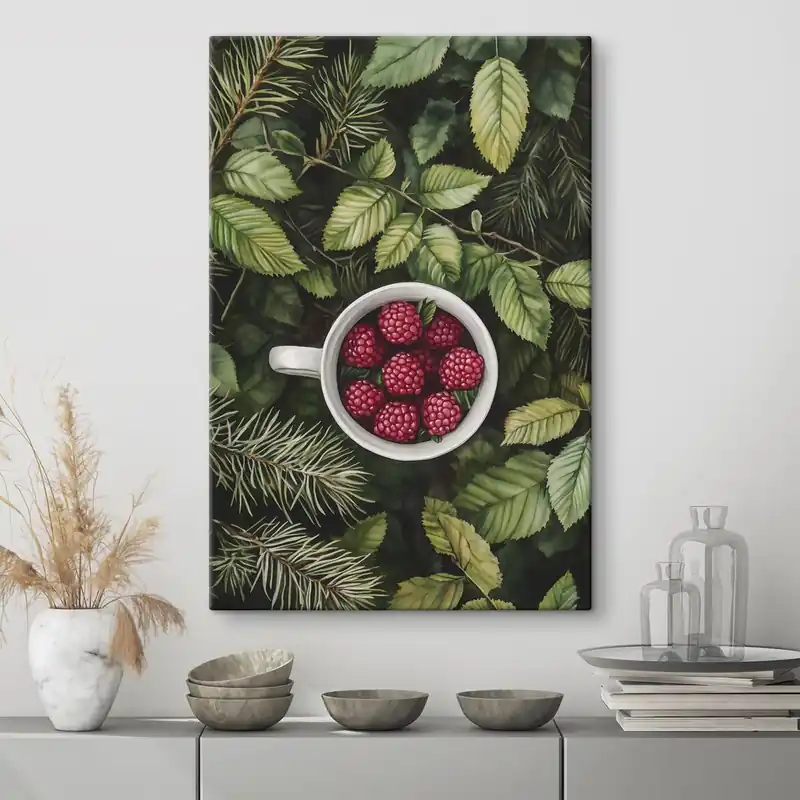 Pictură pe pânză Cupa de zmeură în pădurea verde, natură, stil acuarelă Nr s44021 Reduceri