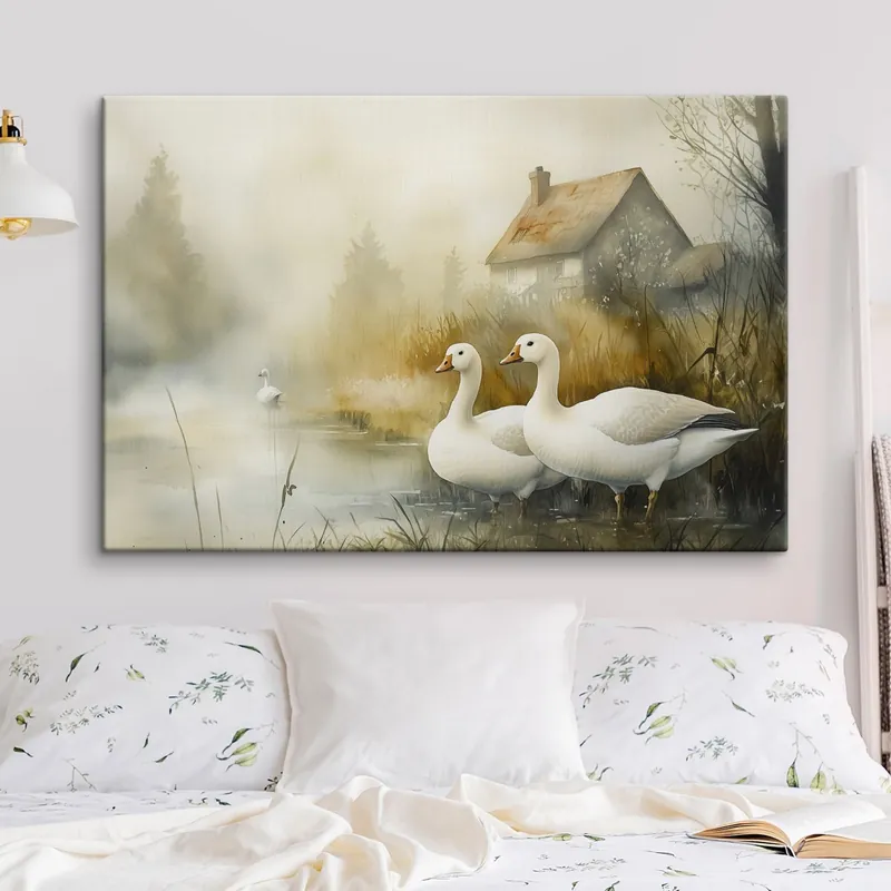 Pictură pe pânză Gâște în lac lângă fermă, rustic, stil acuarelă Nr s44022 Noutate