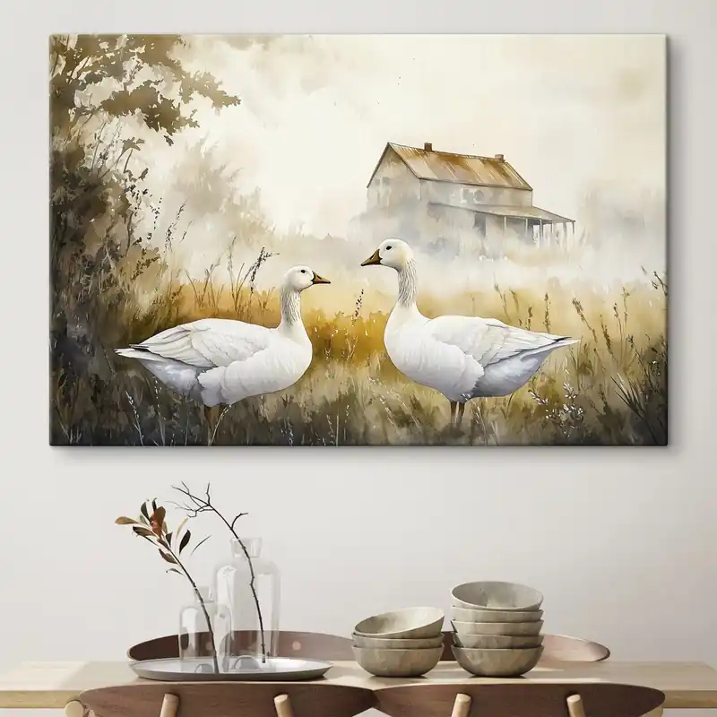 Ofertă limitată Pictură pe pânză Gâște stil acuarelă în câmp, sat, rustic Nr s44024
