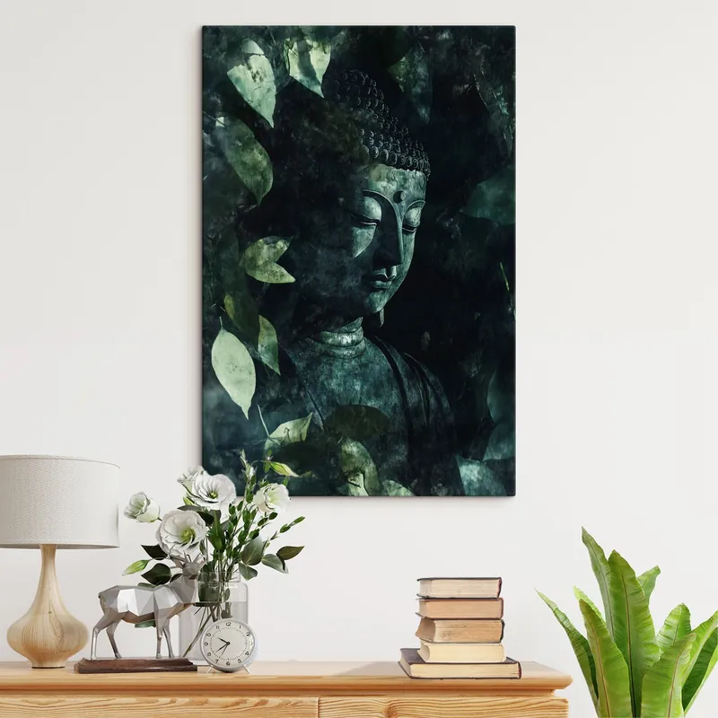 Pictură pe pânză Buddha meditativ în frunze verzi, spiritual Nr s44029 Reducere specială