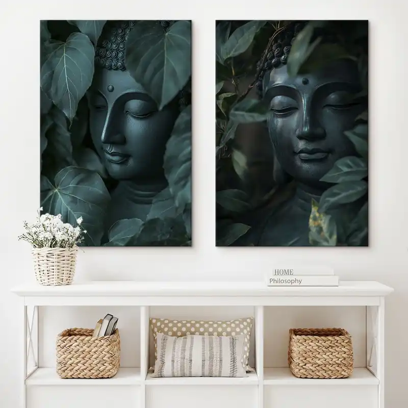 Lichidare de stoc Pictură pe pânză Buddha meditativ în frunze verzi, budism, tropical, realism Nr m00447