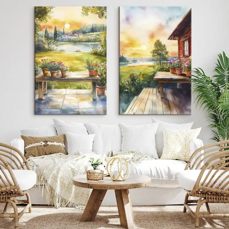 Pictură pe pânză Sat de vară, apus de soare, rustic, flori, lac, stil acuarelă Nr m00449 Cumpărături sigure