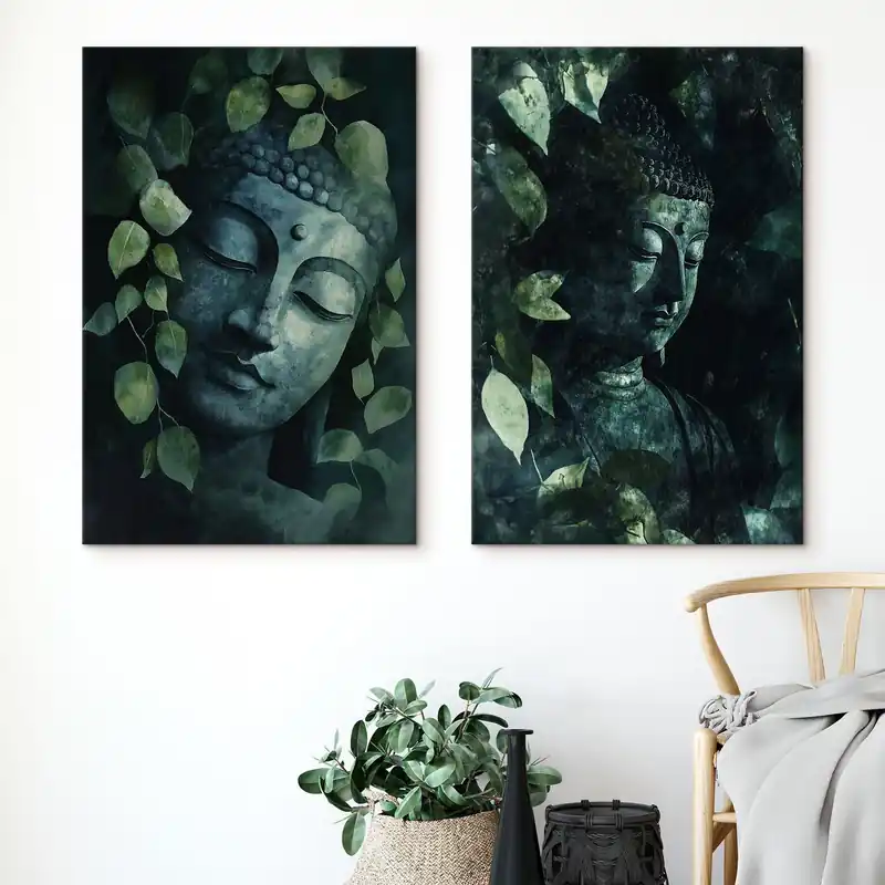 Super ofertă Pictură pe pânză Buddha verde în frunze tropicale, stil acuarelă Nr m00451