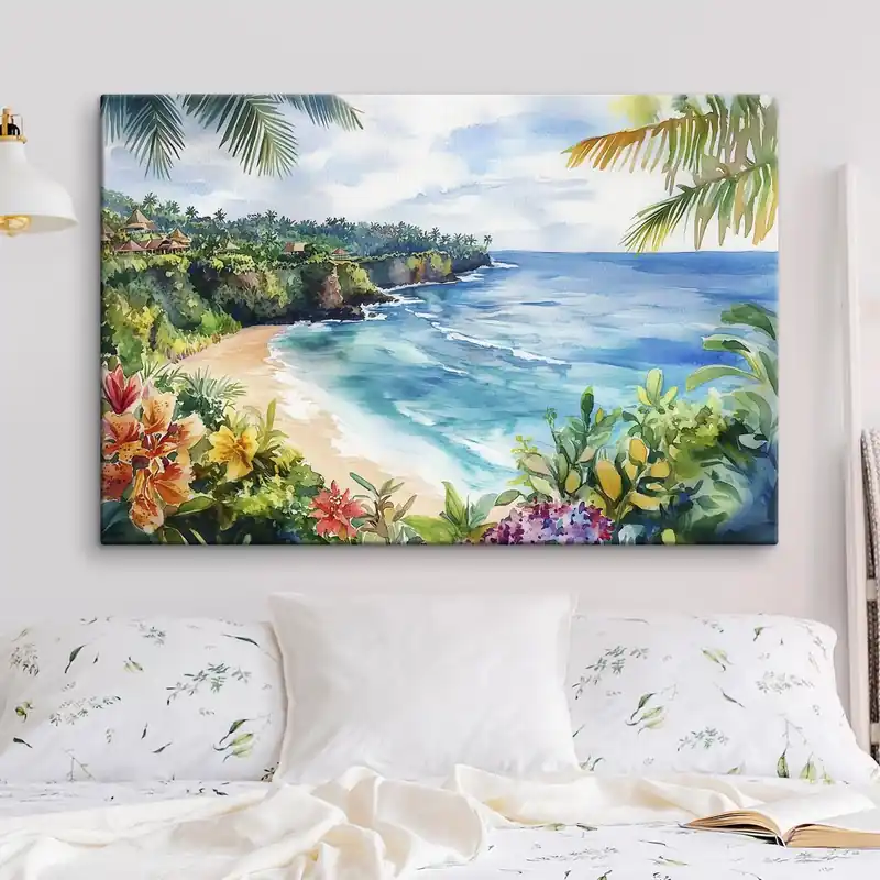 Pictură pe pânză Plajă tropicală oceanică, palmieri, flori, stil acuarelă Nr s44145 Ieftin