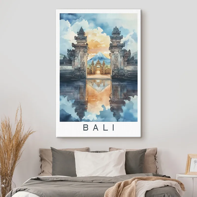 Pictură pe pânză Bali estetică, templu, apus de soare, natură tropicală, stil acuarelă Nr s44149 Nu rata