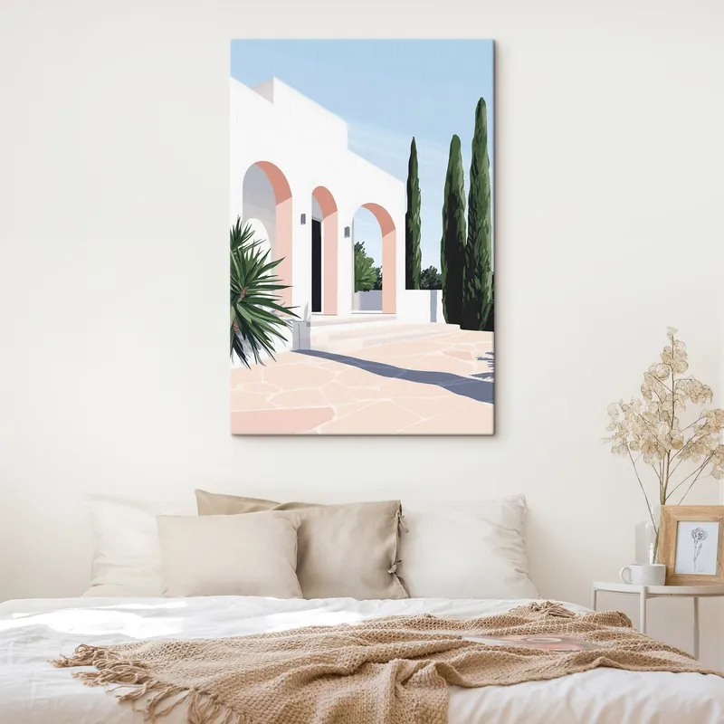 Comandă acum Pictură pe pânză Vilă albă cu arcade și grădină tropicală, mediteraneană, stil plat Nr s44153