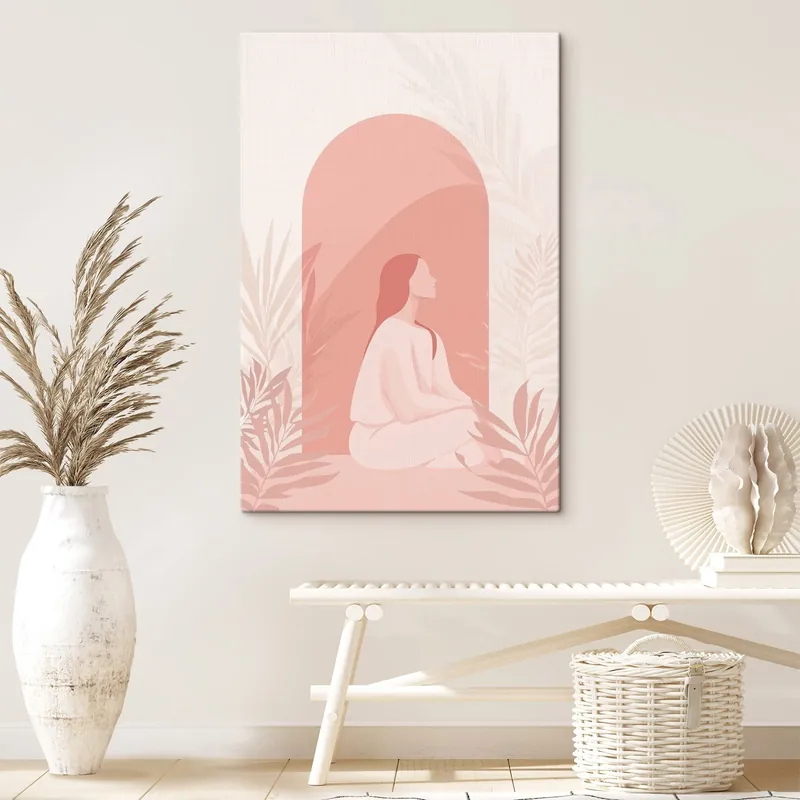 Pictură pe pânză Femeie în meditație, stil plat, plante tropicale, culori roz Nr s44154 Reducere