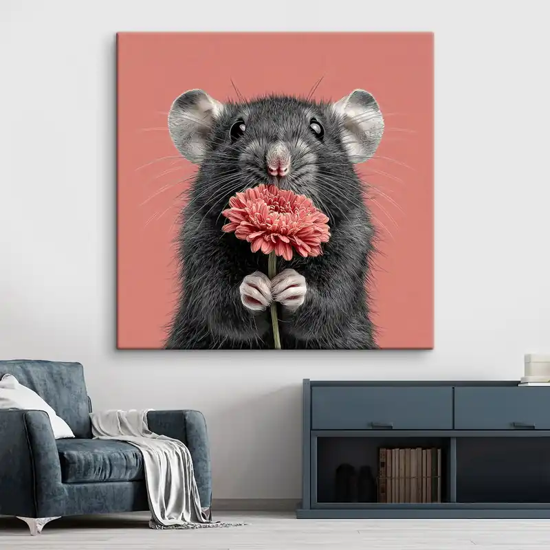 Pictură pe pânză Șobolan curios cu o gerbera roz într-un stil minimalist Nr s44241 Preferatul clienților