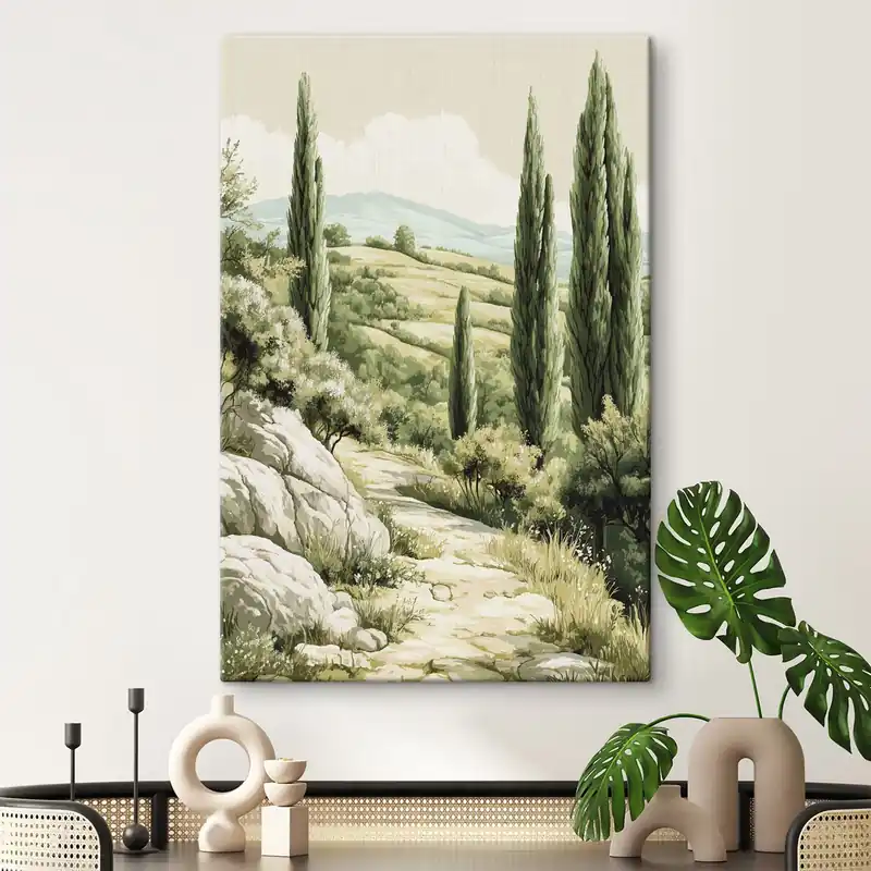 Ofertă exclusivă Pictură pe pânză Peisaje de vară cu chiparoși și dealuri verzi, stil rustic Nr s44308
