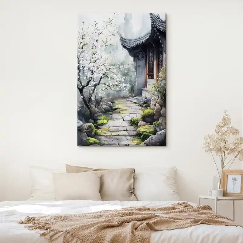 Pictură pe pânză Japonia grădină cu cireș și casă, oriental, stil acuarelă Nr s44309 Ultima șansă