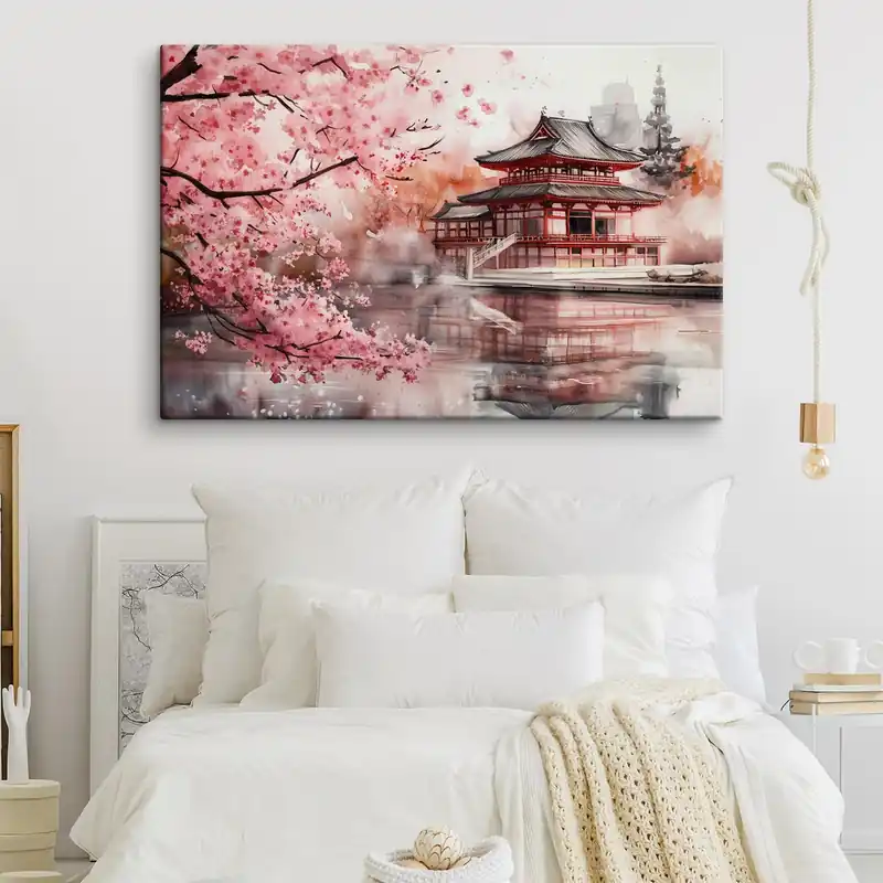 Disponibil imediat Pictură pe pânză Frumos peisaj japonez cu cireș înflorit și casă pe lac Nr s44310