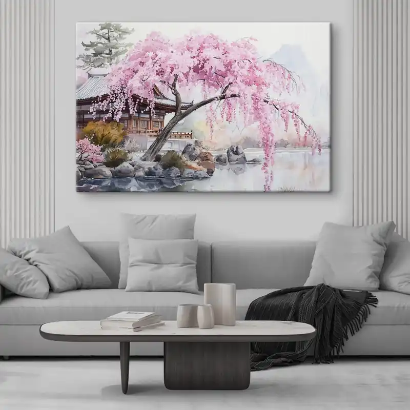 Pictură pe pânză Copac roz cherrry lângă casa de pe lac, Japonia, oriental, stil acuarelă Nr s44312 Cel mai bun preț
