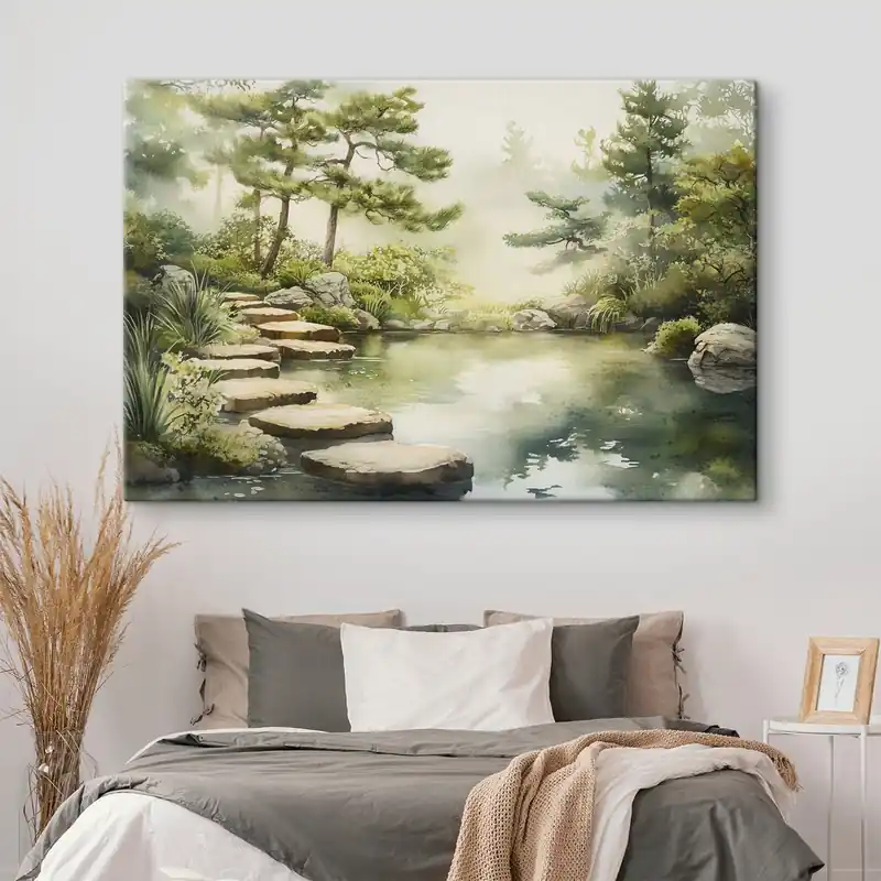 Ofertă exclusivă Pictură pe pânză Grădină orientală cu lac și copaci, natură, stil acuarelă Nr s44313