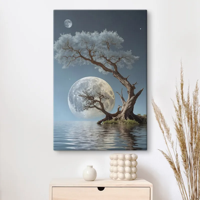 Pictură pe pânză Copac în creștere în mijlocul unui lac pe fundal luna Nr s44481 Mai ieftin