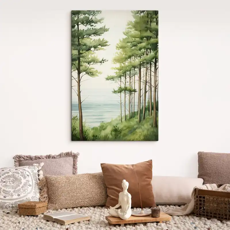 Cumpărături sigure Pictură pe pânză Pădure de pin verde lângă mare, stil acuarelă Nr s44603