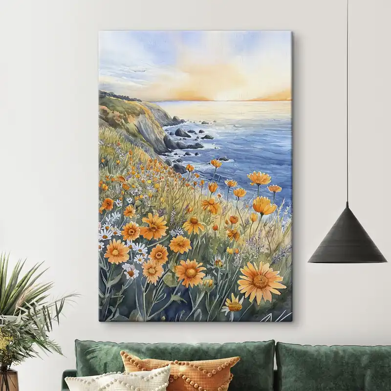 Doar azi Pictură pe pânză Cliff cu flori portocalii, coasta oceanului, Portugalia, stil acuarelă Nr s44604