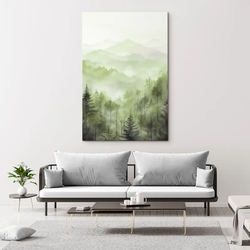 Pictură pe pânză Munți cu peisaj forestier, culori verzi, stil acuarelă Nr s44606 Reduceri