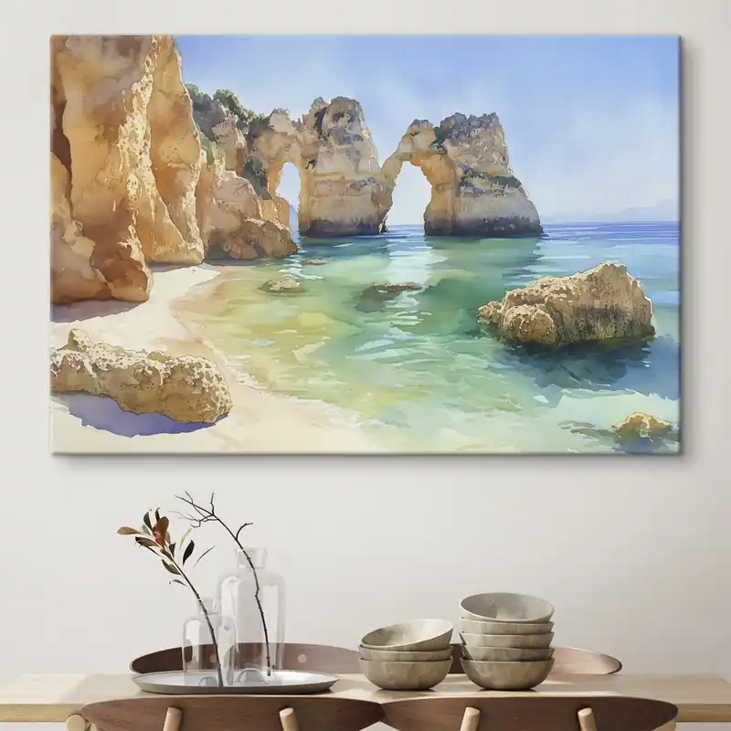 Preț redus Pictură pe pânză Plajă oceanică cu stânci, Portugalia, vară, acvamarin Nr s44608