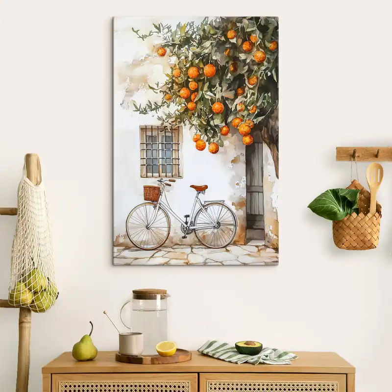 Pictură pe pânză Casă albă mediteraneană cu portocaliu și bicicletă Nr s44610 Mai ieftin