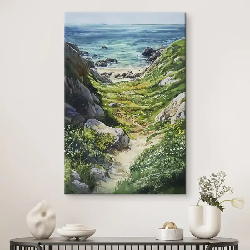 Pictură pe pânză Coasta mării cu stânci și iarbă verde, stil acuarelă, vară Nr s44616 Cumpără acum