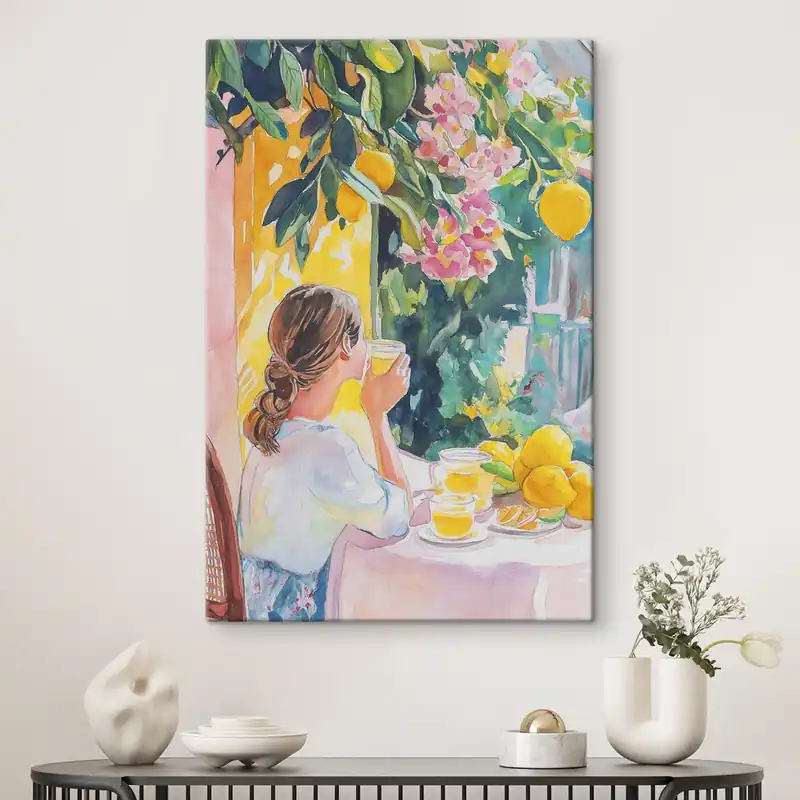 Chilipir Pictură pe pânză Vibrații de vară, fată în cafenea, limoncello, Italia, stil acuarelă Nr s44505