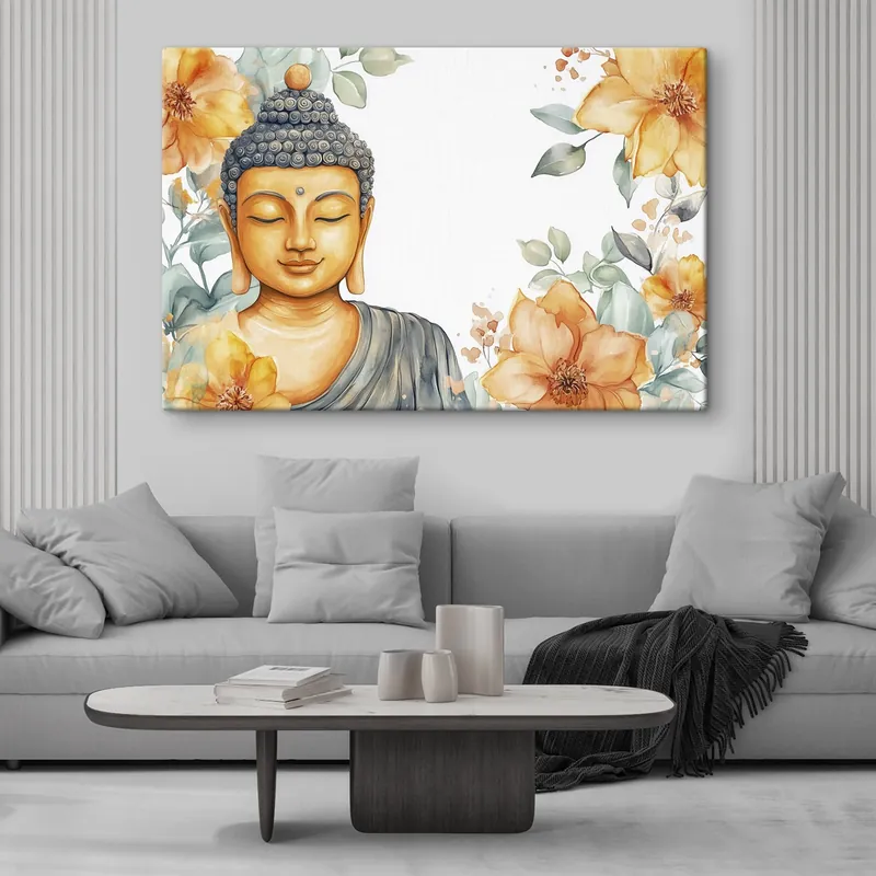 Pictură pe pânză Buddha înconjurat de flori portocalii, stil acuarelă Nr s44508 Vezi acum