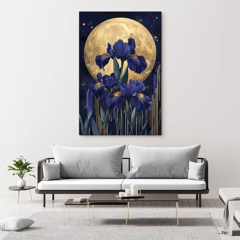 Pictură pe pânză Flori de iris, lună strălucitoare, cer de noapte, culori albastre Nr s44510 Bestseller